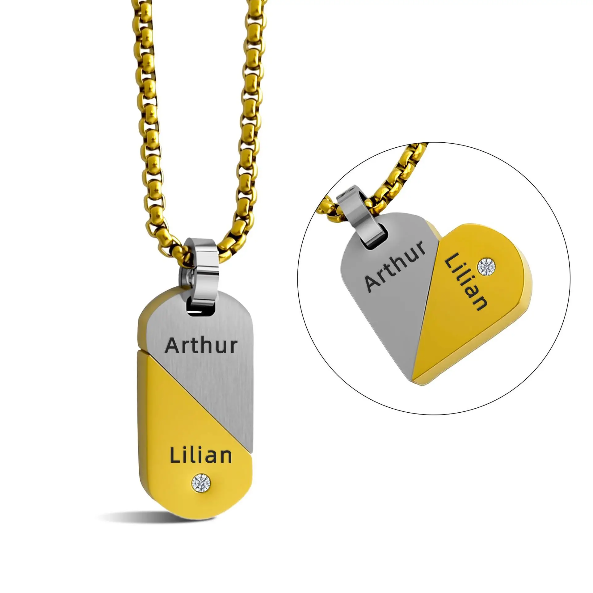 925 Silver Gold-Plated Stainless Steel Heart Rotatable Deformable Lab-Grown Diamond Necklace Two-Tone DIY Free Lettering Premium