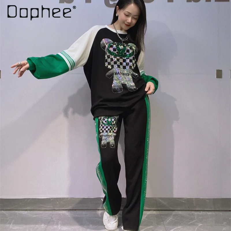 

Women's Color Block Rhinestone Embellished Pant Set Spring Autumn Crewneck Long Sleeve Sweatshirt and Pants Two-piece Outfit