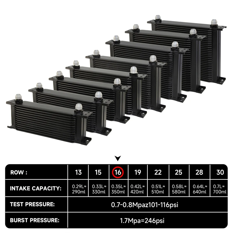 

Universal 16 Row Oil Cooler+AN10 Oil Adapter w/Thermostat +Braided Hose Line Kit Silver / Black