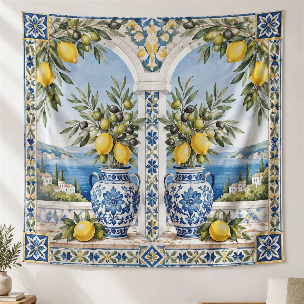 VIKAMA Lemon Branch Mirror Symmetric Tapestry Wall Hanging, Mediterranean Wall Decor Tapestries for Living Room Bedroom Entryway