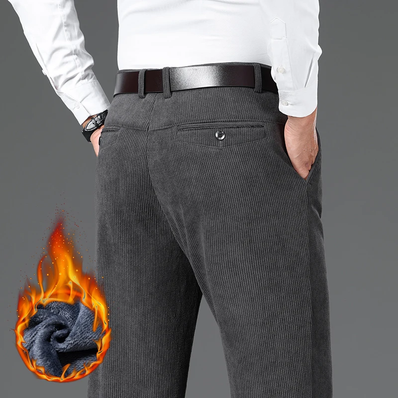 

Winter Men Classic Business Corduroy Casual Pants Warm Fleece Thickened Straight Gray Black Trousers Brand Clothes High Quality