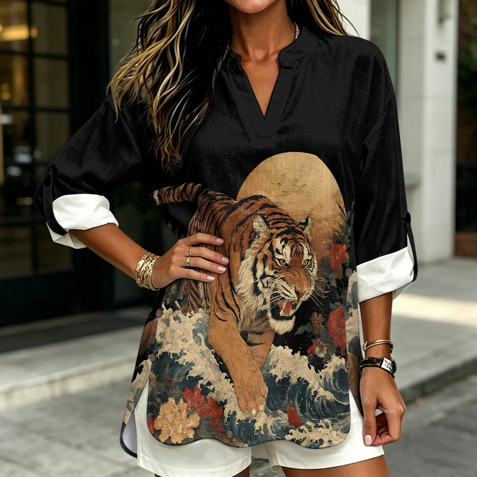PENSTROLL Vintage Tiger Moon Linen Like V Neck Blouses 3/4 Sleeve Notch V Neck Blouses for Women Sizes S-5XL