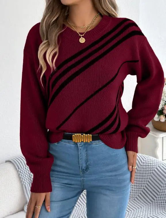 

Осенний повседневный полосатый пуловер с круглым вырезом и длинными рукавами для женщин, элегантный и модный полосатый лоскутный вязаный свитер