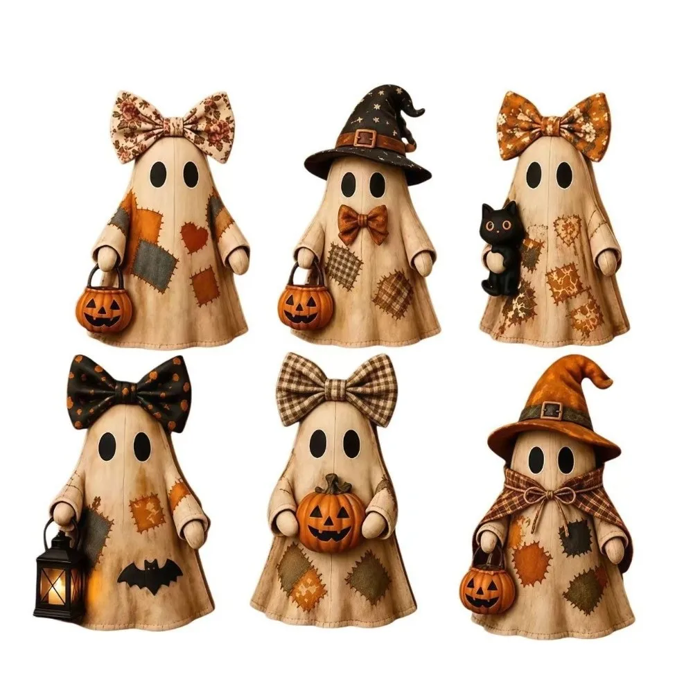Handmade Wooden Ornament Vintage Distressed Double-Sided Printed Tabletop Ornament Pumpkin Bucket Rustic Ghost Figurine