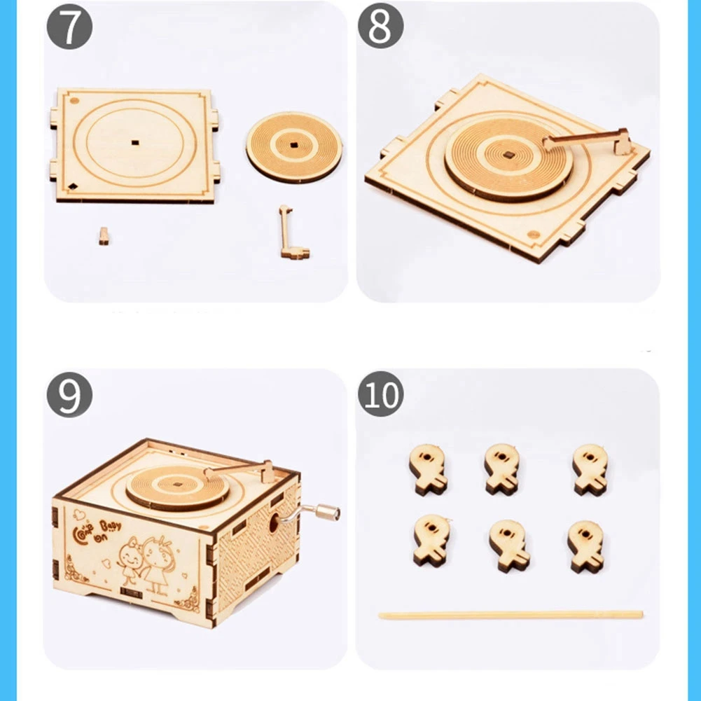 DIY Hand Crank Music Box Model 3D Wooden Puzzle Toy Self Assembly Wood Craft Kits Home Decoration for Kids -Cat