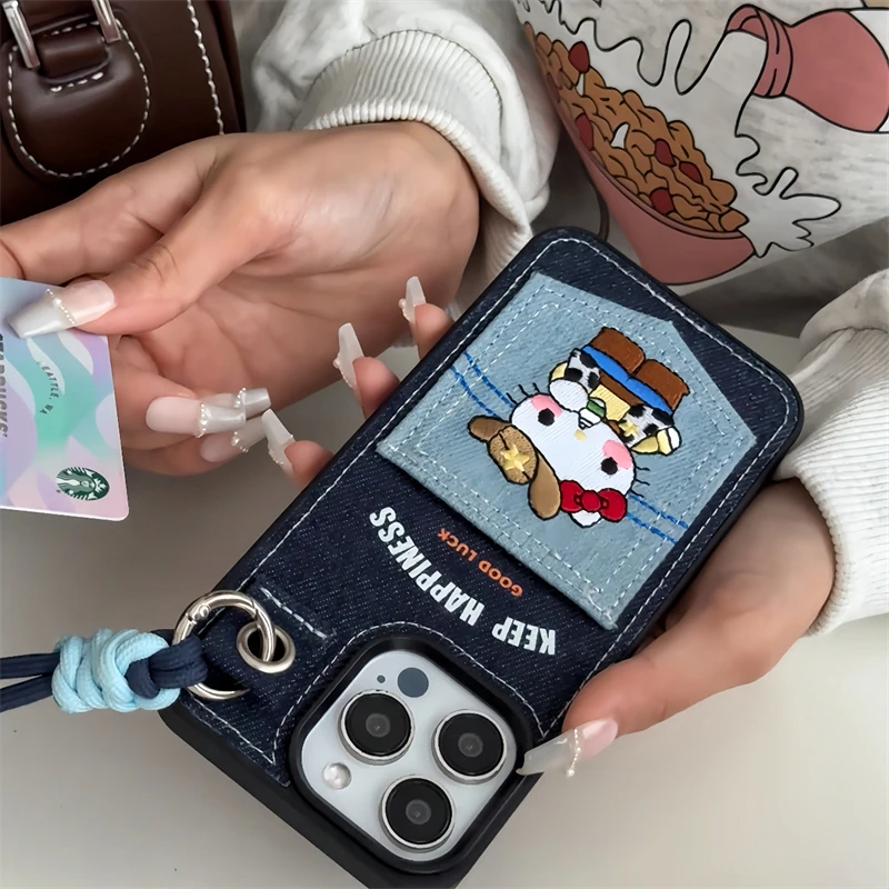 

Classic Hello Kitty Jeans Phone Case For iPhone 16 promax 15 14 13 Pro Max Embroidery Denim Card Pocket Strap Cover