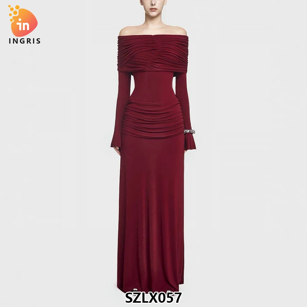 

Fashion Hot Design One-shoulder Pleated Simple Solid Color Elegant Long Dress-SZLX057