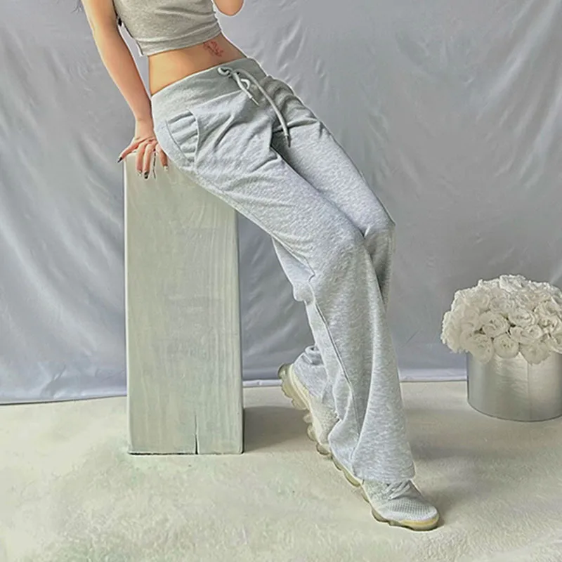 رمادي الرباط الخصر Sweatpants المرأة الصلبة بسيطة الأساسية الحد الأدنى اللياقة البدنية ركض السراويل المستقيمة