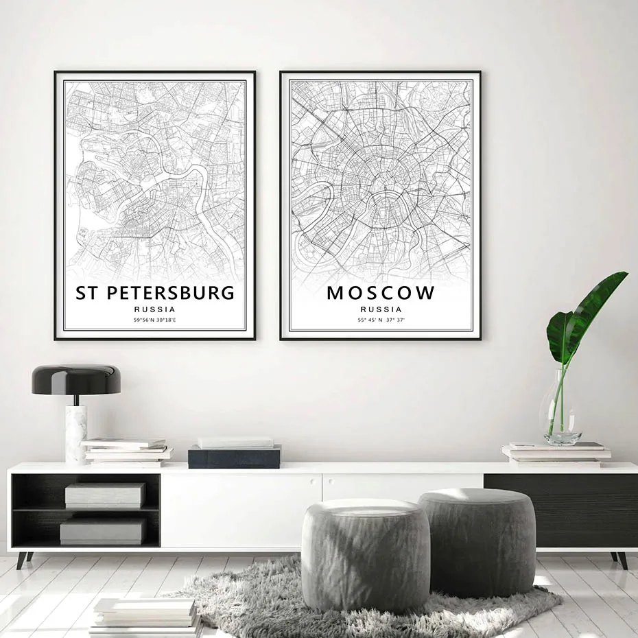 Black White Moscow St Petersburg City Map Russia Posters Prints Canvas Painting Modern Wall Art Pictures Living Room Home Decor