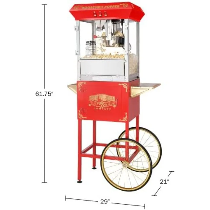 Popcorn Machine with Cart, Popper 8oz, Chaleira De Aço Inoxidável, Deck De Aquecimento Aquecido, Vermelho