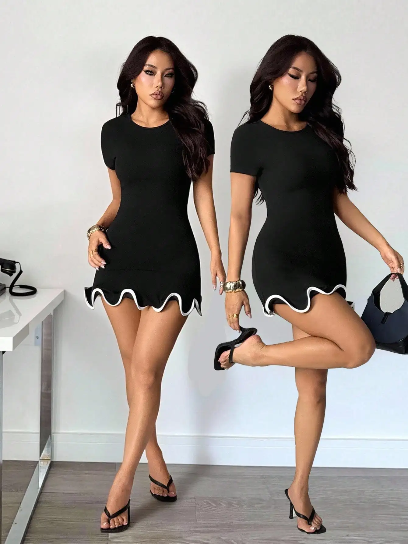 

Black Round Neck Mini Dress with White Ruffle Hem, Bodycon Fit, Stretch Knit
