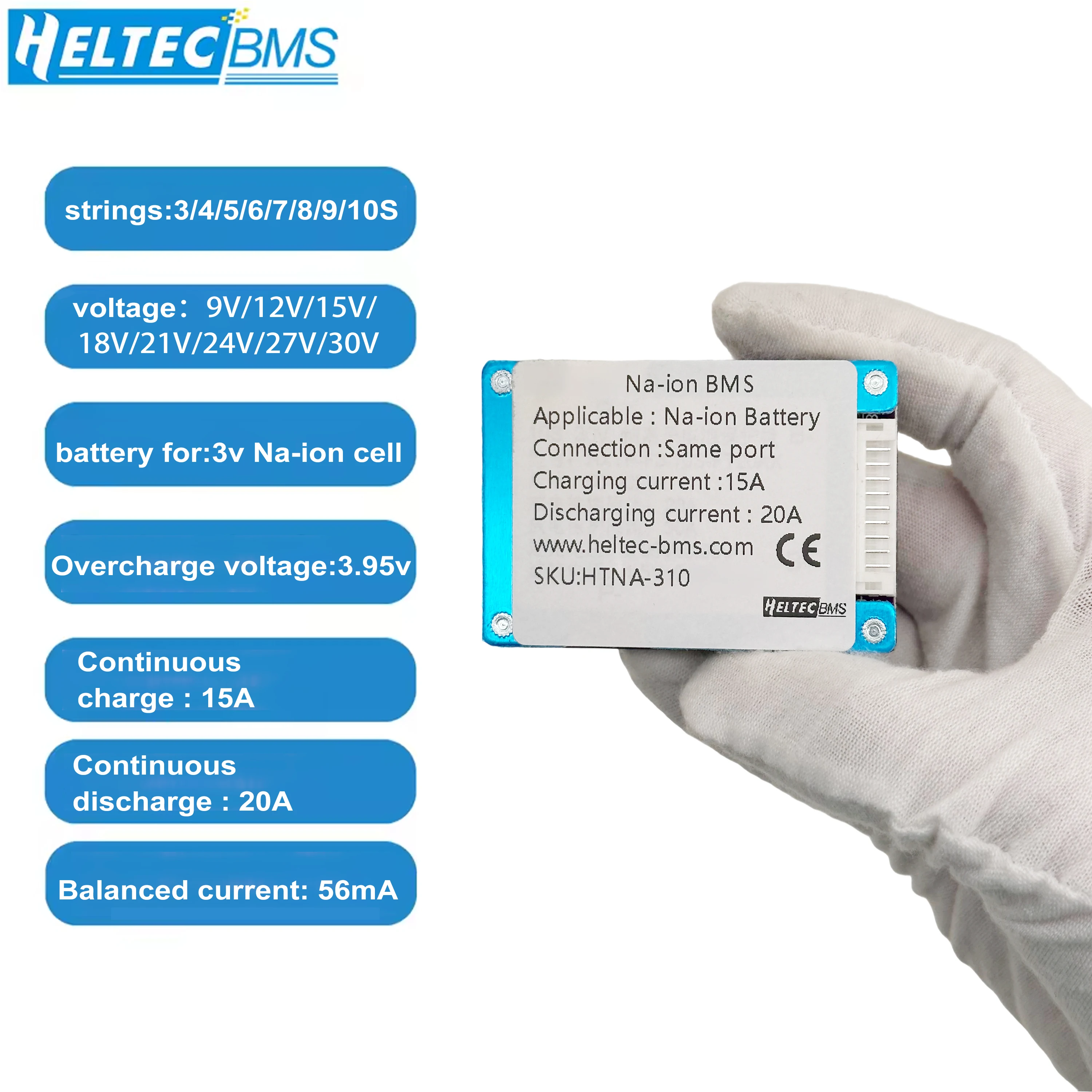3-10S Sodium Ion Battery BMS Protection Board 20A with Balance, Overcharge/Over-Discharge Protection for 3.0V Na-ion Cell Pack