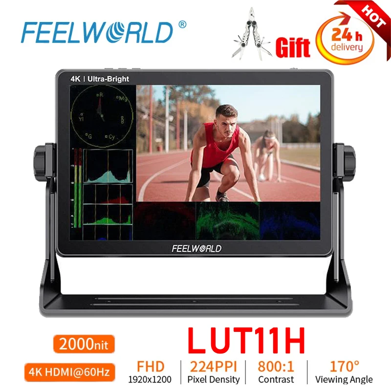 

FEELWORLD LUT11H 10.1 Inch Ultra Bright 2000nit DSLR Camera Field Monitor Touch Screen 4K F970 External Power and Install Kit