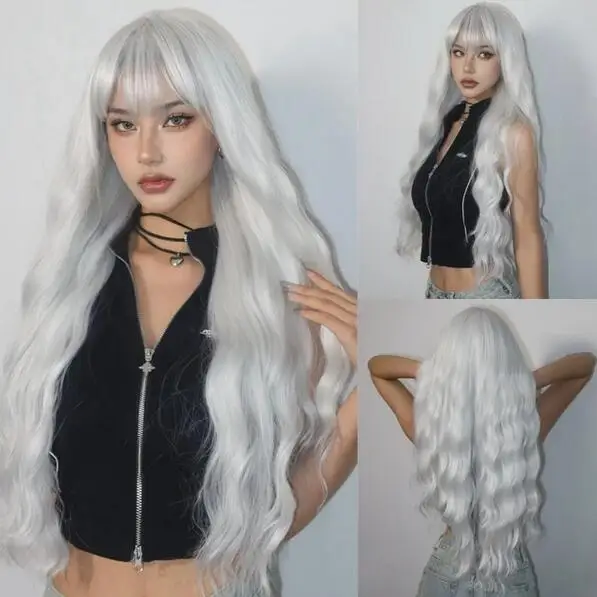 

Extra long curly silver synthetic wig with fluffy bangs