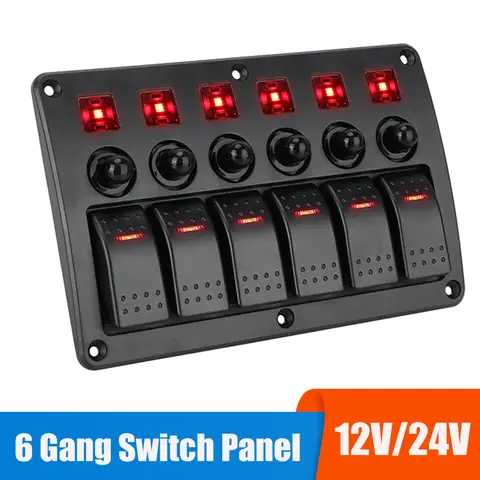 24V 12V 6 갱 라이트 토글 스위치 패널 버튼 퓨즈가있는 회로 제어 LED 표시기 보트 트럭 트레일러 용 자동차 액세서리