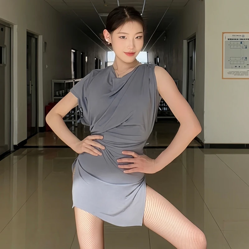 

Летнее платье для латинских выступлений, серое танцевальное платье с оборками для взрослых, женская стандартная тренировочная одежда для танго, одежда для танцоров VDL3305