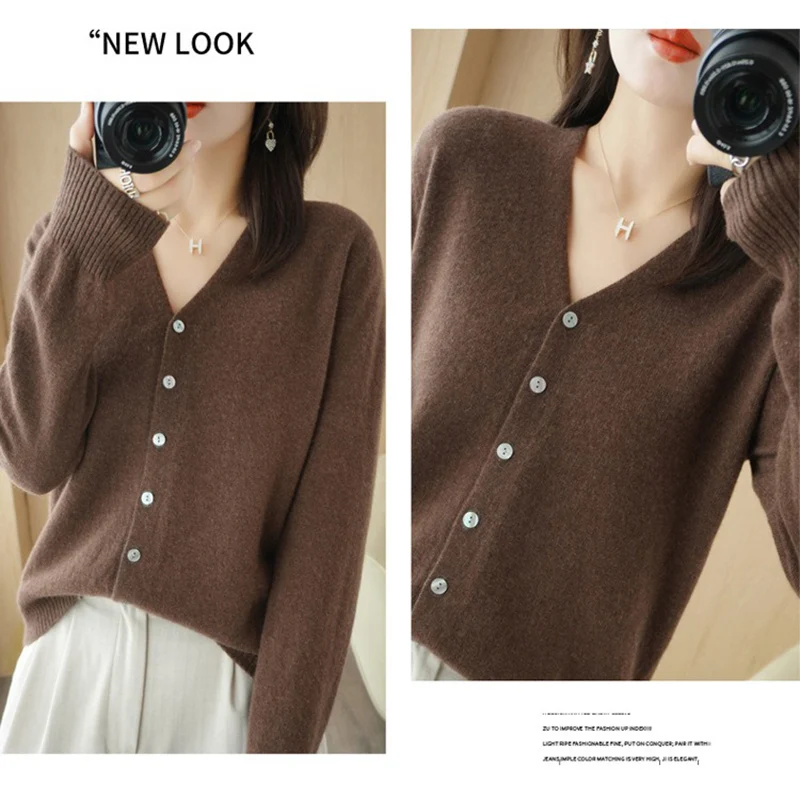 Autumn Winter V Neck Women Sweaters Vintage Basic Solid Knitted Tops Cardigan Slim Pullover Korean Sweaters Chic Cozy Jumpers