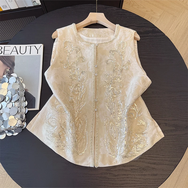 Women's Cotton Vest 2026 Autumn Fashion Old Money Style Heavy Embroidery Beaded Vest Jacket Regular Length Single Button