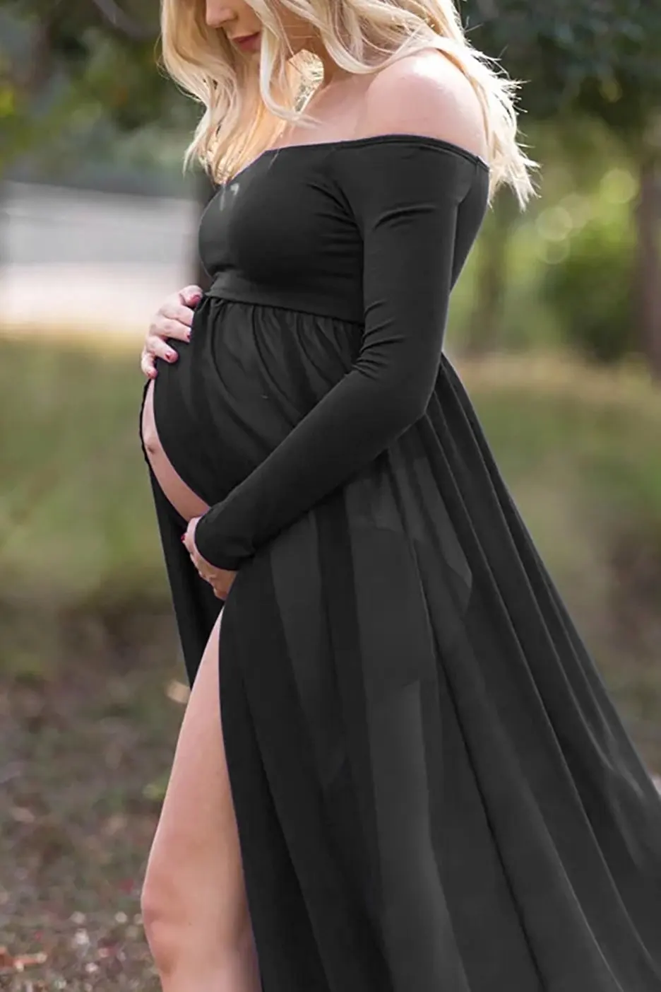 Maternity Blue Sexy Deep One Collar Dress Maternity Long Sleeve Mercerized Cotton Chiffon Slim Fit Trailing Dress Photo Dress