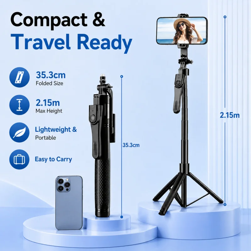 2M Bluetooth Selfie Stick Tripod with Remote, Universal Extendable Phone Stand for iPhone Android, Live Streaming Vlog Trave