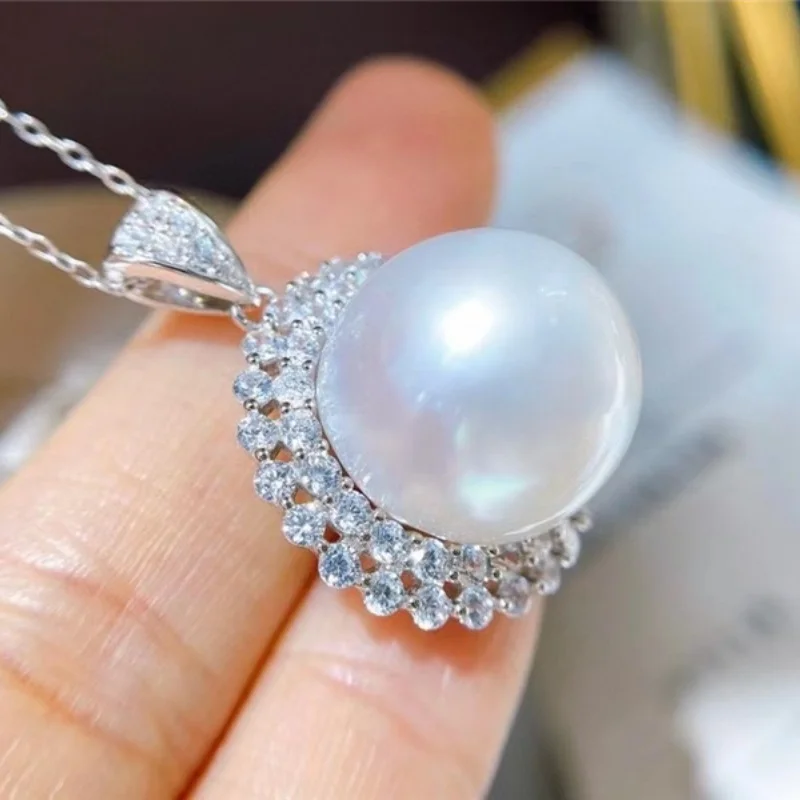 مصمم ضخم AAAA + 13-14 مللي متر أكويا الطبيعية اللؤلؤ الأبيض قلادة قلادة 18 "925 الفضة