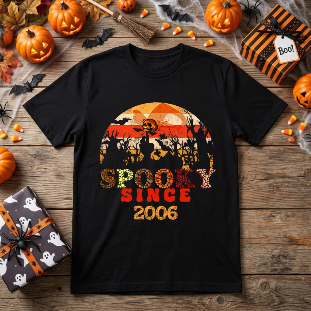 Spooky Since 2006 Shirt Unisex Soft Cotton 20th Birthday Halloween Graphic Tee Vintage Skeleton Witch T-Shirt Friend Gifts
