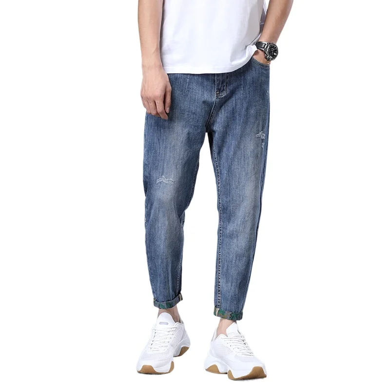 

Teenage Straight Fit Micro Elastic Cotton Mid High Waisted Washed Casual Fashion Trend High-end Men's Denim Cropped Pants