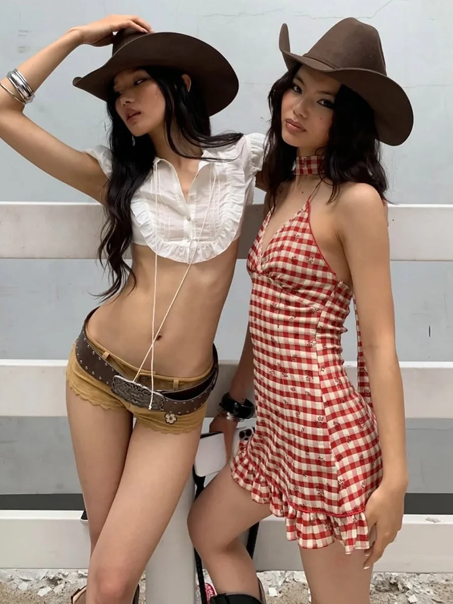 WEIRD PUSS Western Spicy Girl Plaid Print Sa Pendurado Ne Dr Mulheres Sli Emagrecer Or Saia Doce Sle Cintura Alta P...