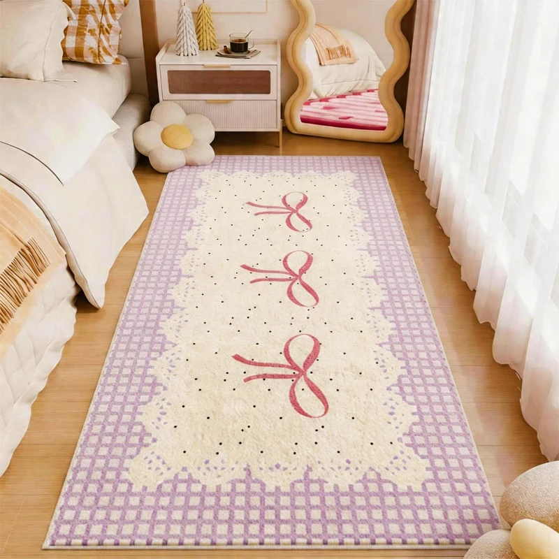 bow plaid pattern rugs for bedroom thicken plush bedside floor mat washable living room decoration carpet fluffy soft lounge rug