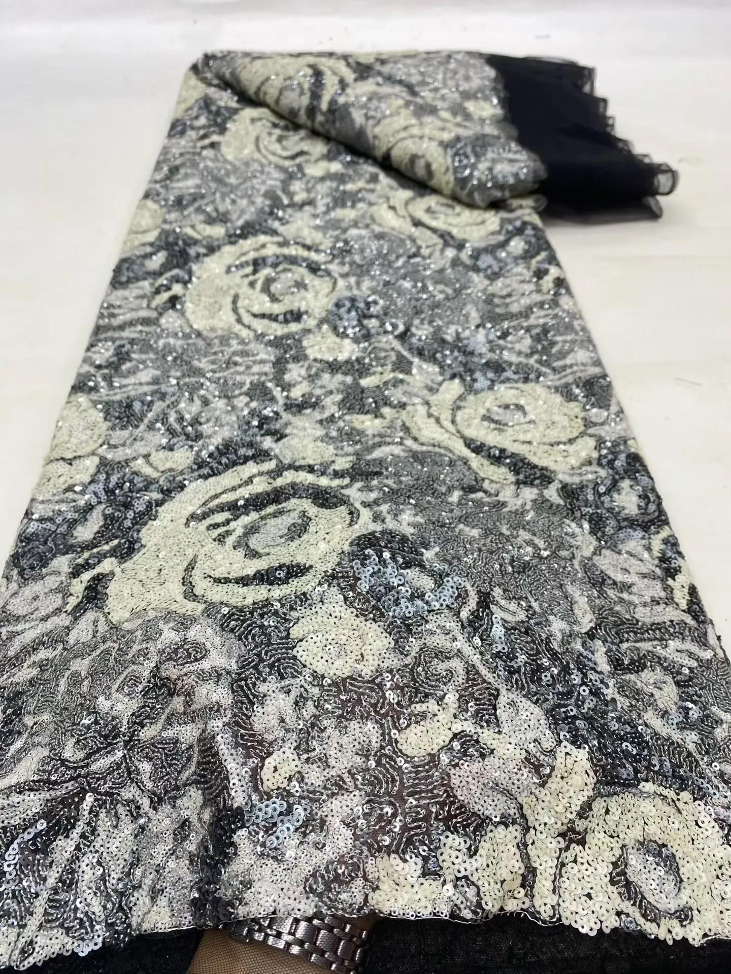 

African Nigerian Sequins Embroidery Tulle Lace Fabric, Sewing , Beads Stone Prom Dresses, High Quality, 5Yards, 2025 DP0475