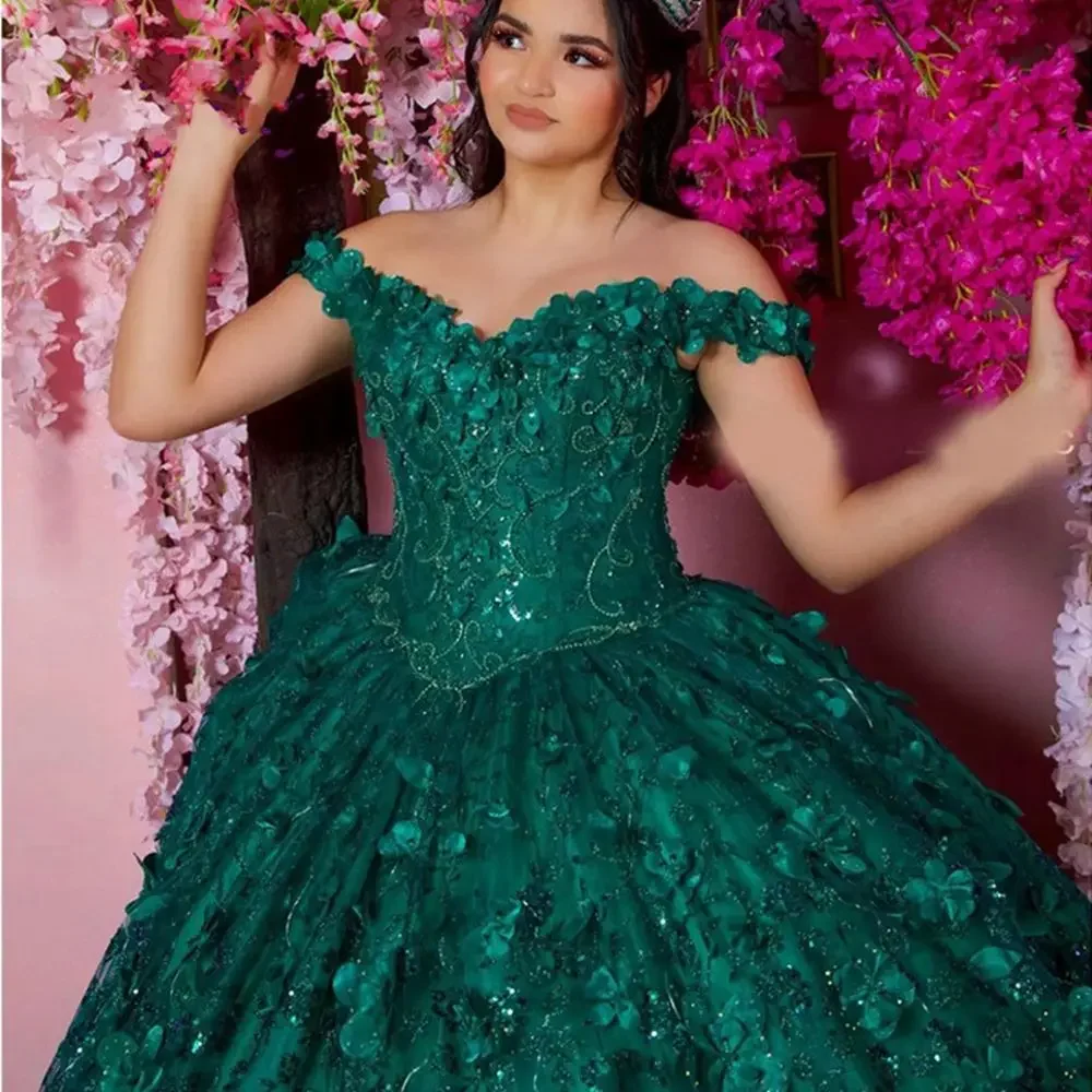 Vestidos Quinceanera com cordões, capa de flores, vestido de baile, verde esmeralda, 15 anos