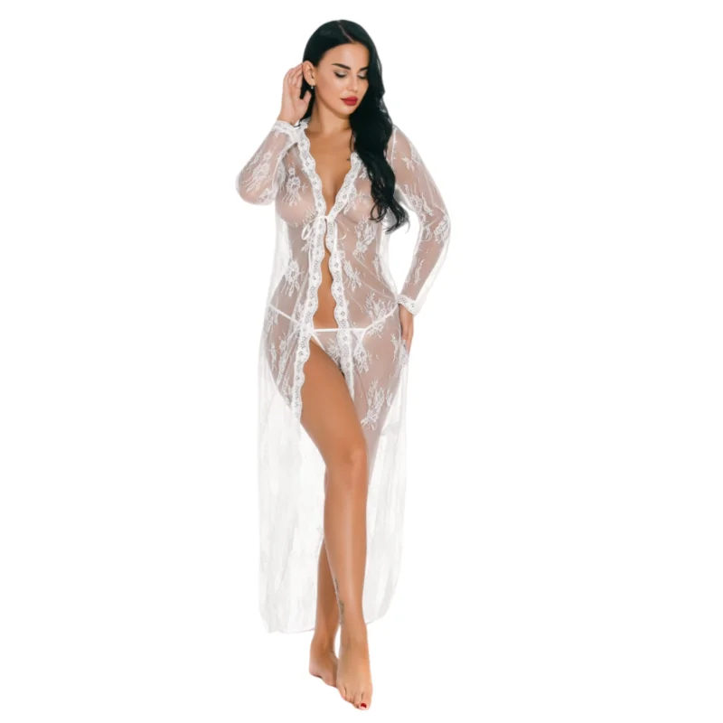 Modieuze en sexy kanten lingerie vest lange nachtjapon, doorzichtige pyjama met string, erotische lingerie nachtjapon