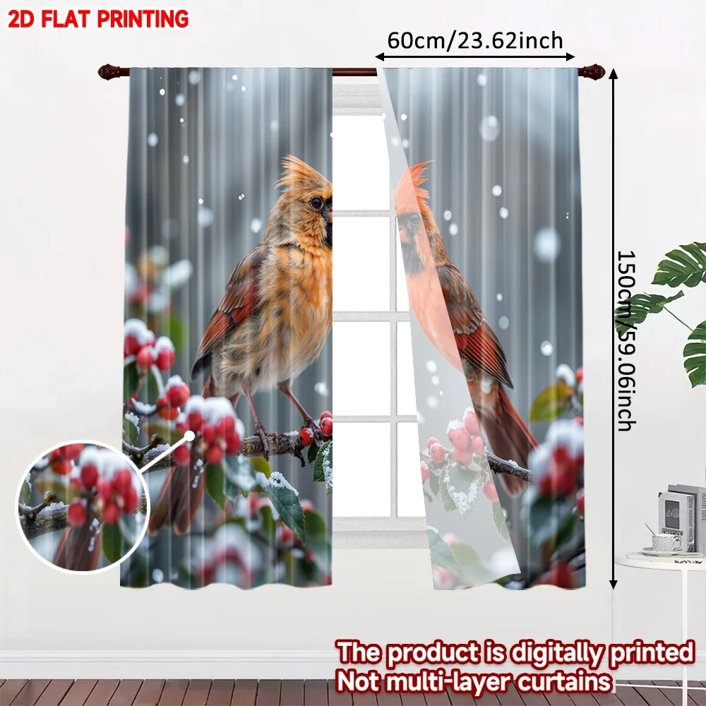 2D flat printing 2pcs Curtain Curtains Winter Cardinals on Branch Digital Printed Polyester Drapes Festive Wall Decor Perfect