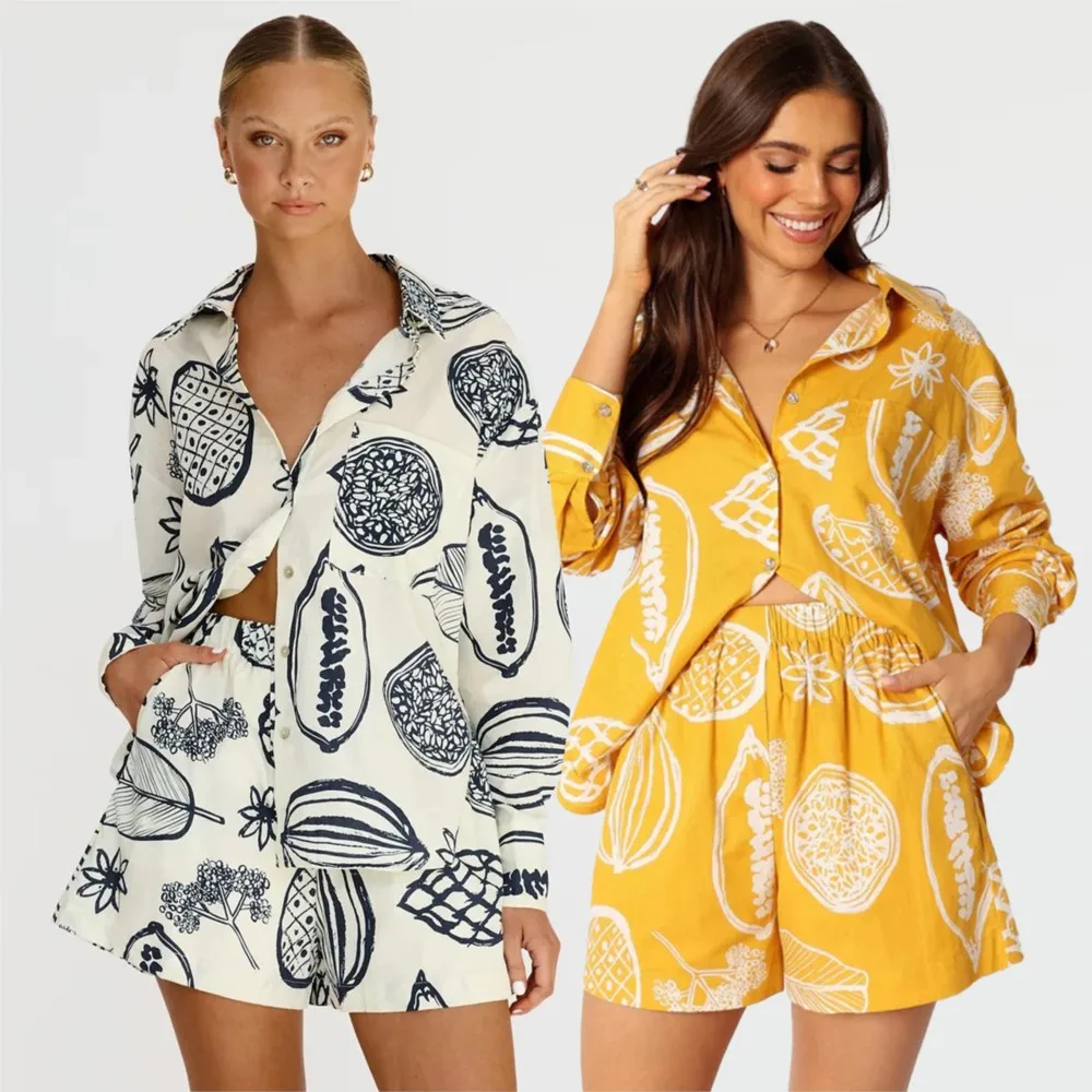 Summer Print Two Piece Set Women 2024 New Long Sleeve Single Breasted Shirts Shorts Sets Fashions Party Beach Vacation MsChuh