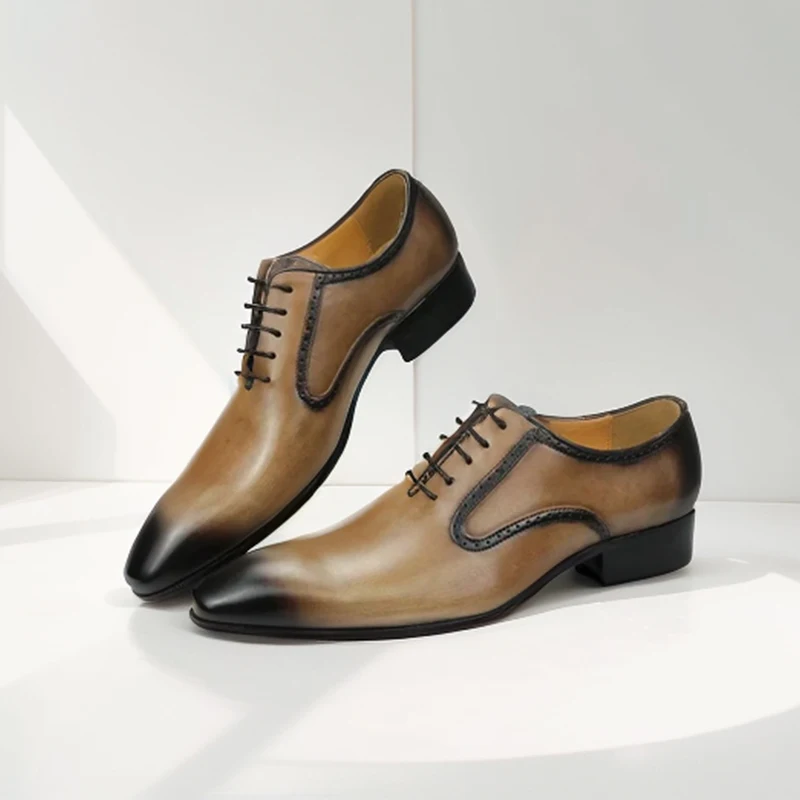 

Dress Shoes Men Cow Leather Lace Up Pointed Toe Dress Solid Color Formal Business Wedding Footwear Handmade
