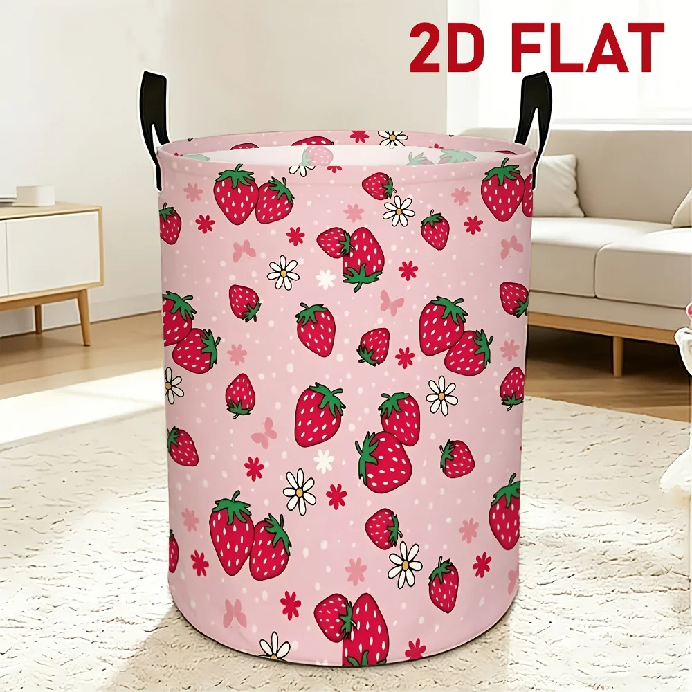 1pc 2D Flat Laundry Basket Pink Strawberry Checkered Pattern Foldable Dirty Laundry Basket Home Storage Large