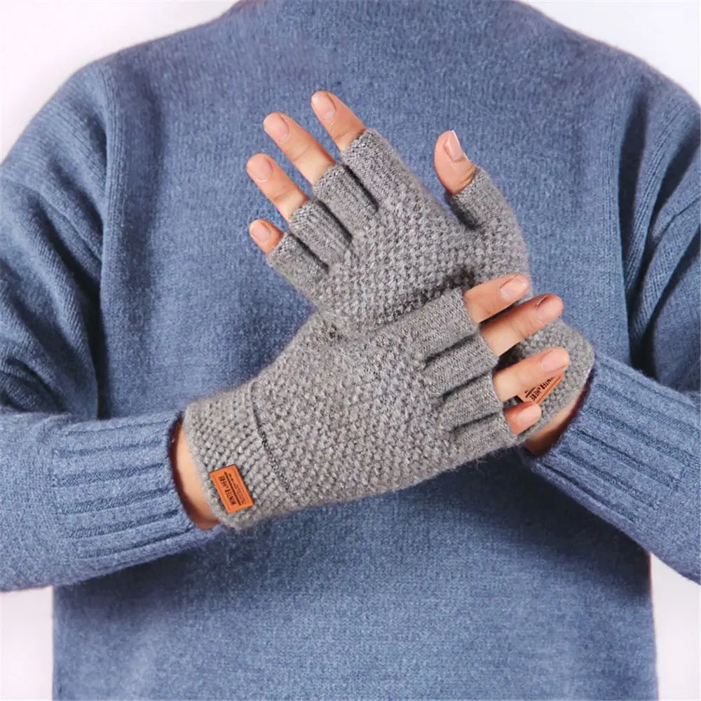 Winter Fingerless Gloves For Men Half Finger Writting Office Knitted Alpaca Wool Warm Leather Label Thick Elastic Driving Gloves