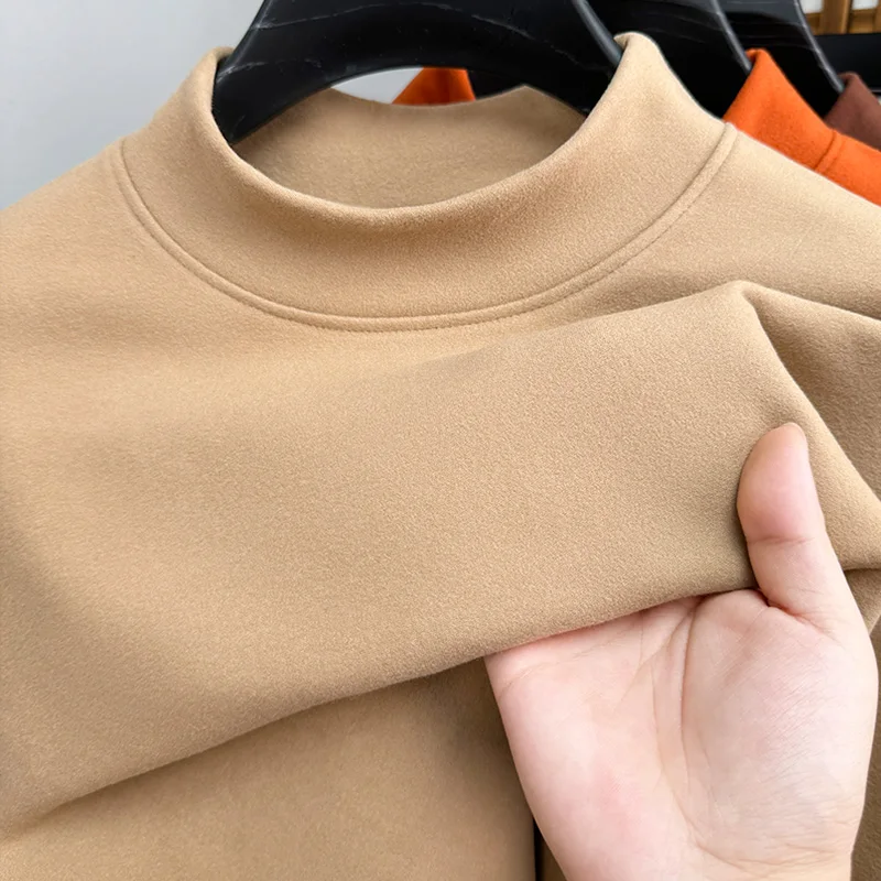 High-end Exquisite Long Sleeved 2024 Autumn/Winter Double-sided German Velvet T-shirt Plush Thickened Pullover Warm Base Shirt