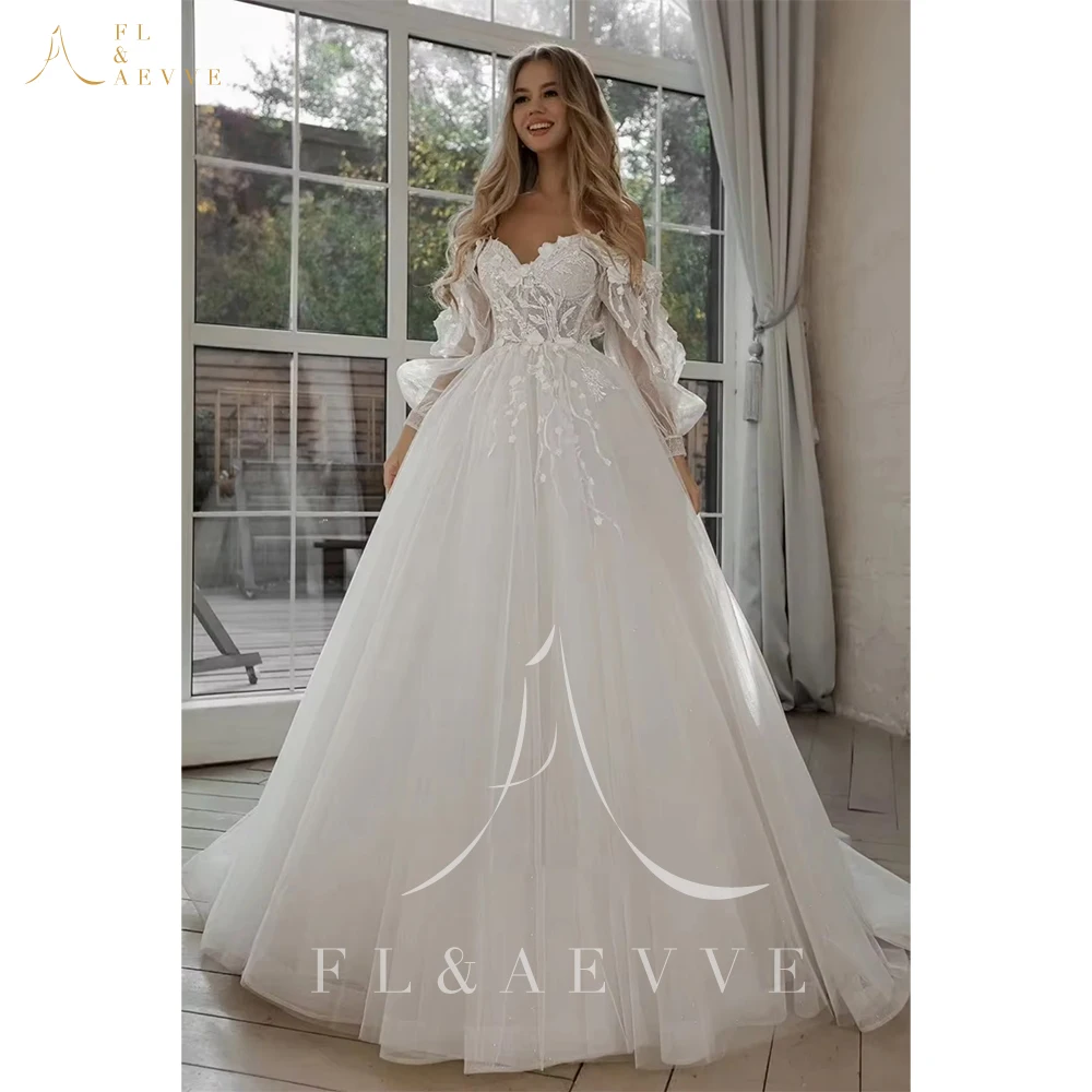 

Glitter Wedding Dresses Puff Sleeve Appliques Lace 3D Flowers off Shoulder Tulle Boho Bridal Gown vestidos de novia