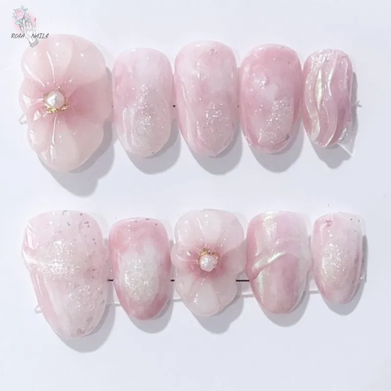 

Pink Flowers Short Press on Nails Handmade Almond Tips 3D Nail Art Presson Jelly Gel Flowers Hand Painted Spring Flower Pressons