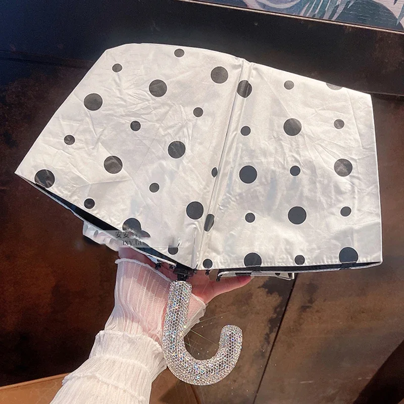 Portable Umbrella Automatic Folding Hook Handle Sunshade Luxury Rhinestone UV Protection Rainproof Travel Umbrella Rain Gear