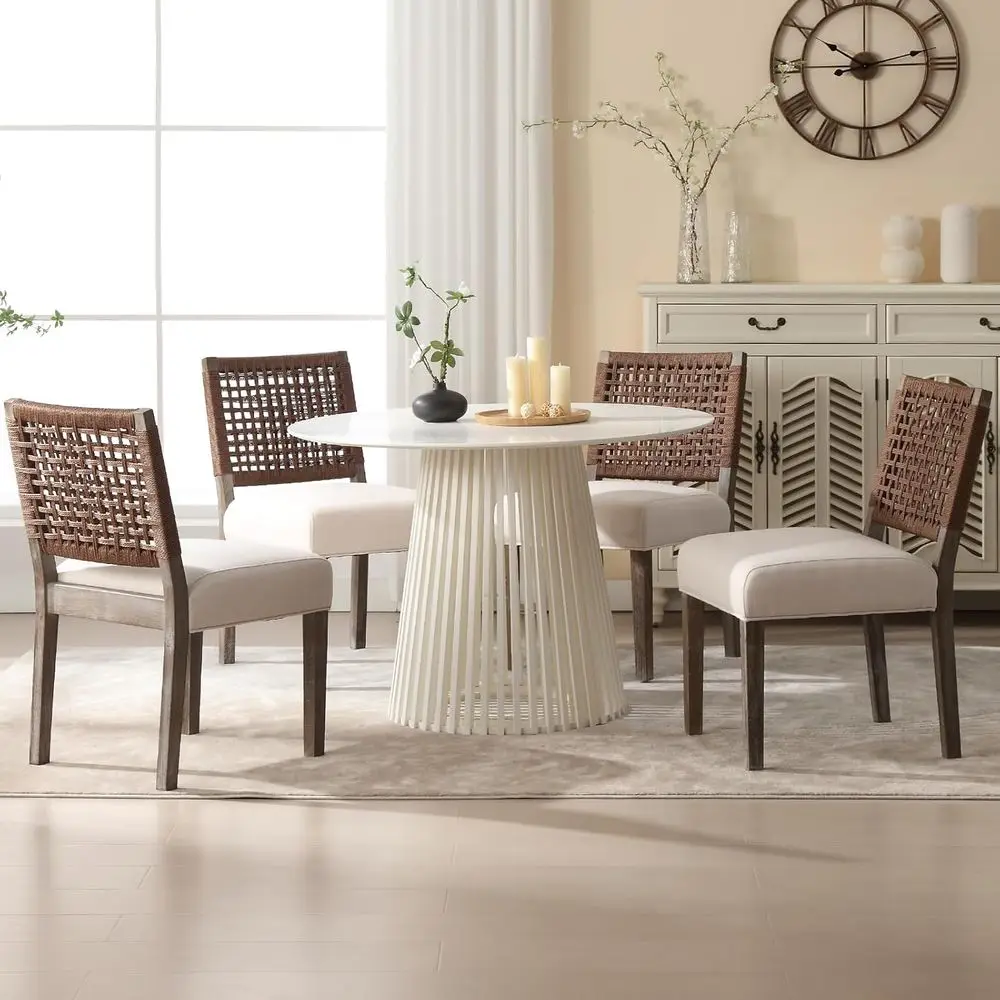 

Linen Upholstered Accent Chairs Set of 4 with Woven Rope Back, Suitable for Century Modern Kitchen, Dining, Living & Bedroom - B