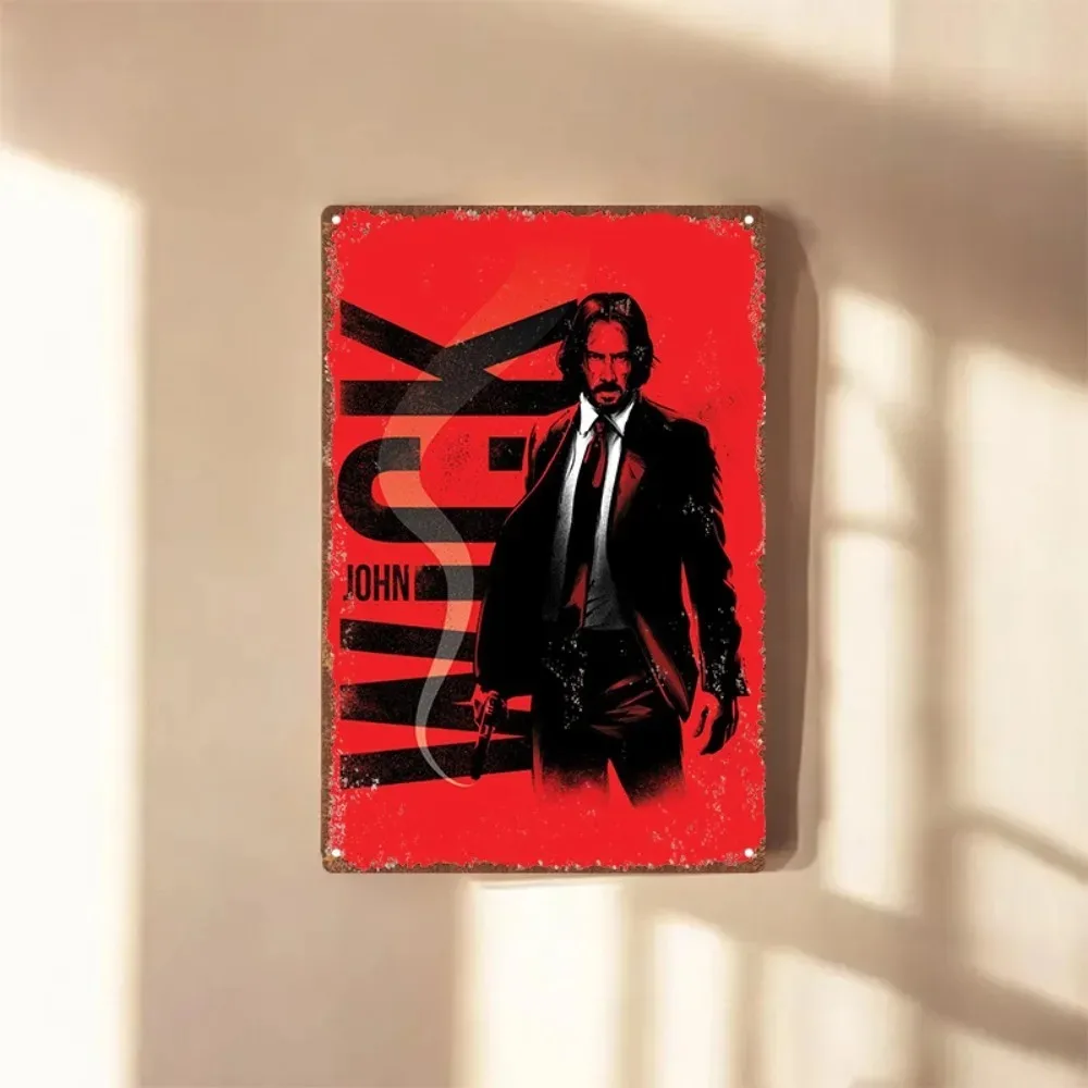 

John Wick Retro Aluminum Wall Sign – Embossed Metal Art with Tailor Shop Scissors & Blood Oath Marker Graphics