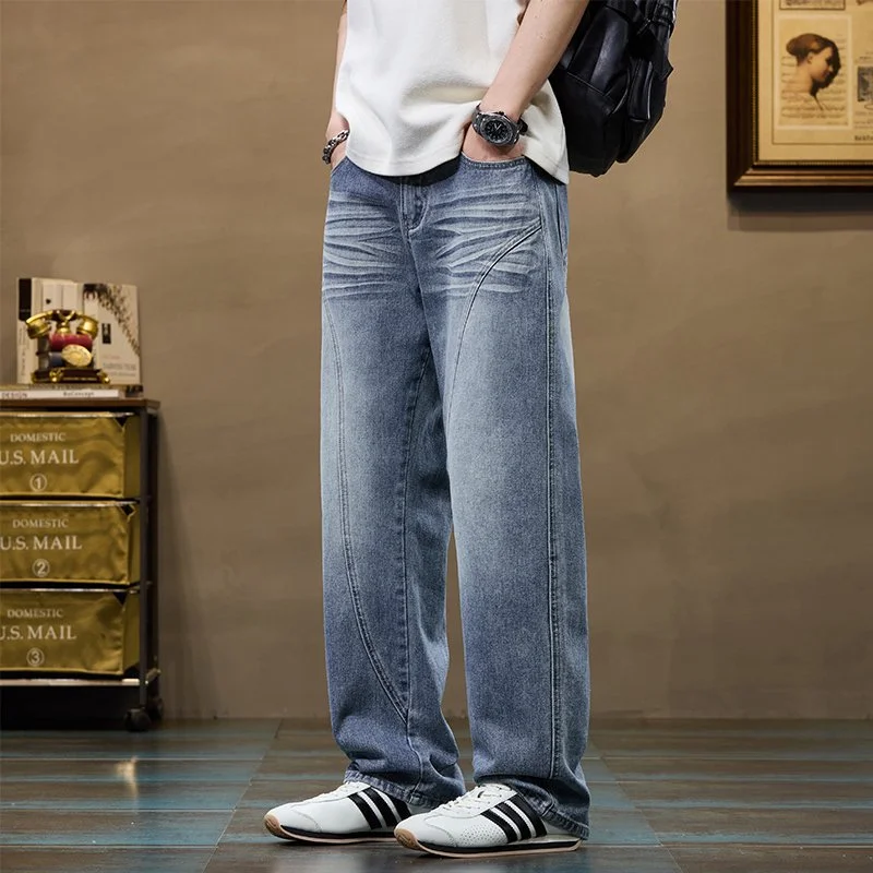 Men's Vintage Patchwork Jeans - Wide Leg Loose Fit Trousers, Trendy Denim Pants for Autumn Winter Collection