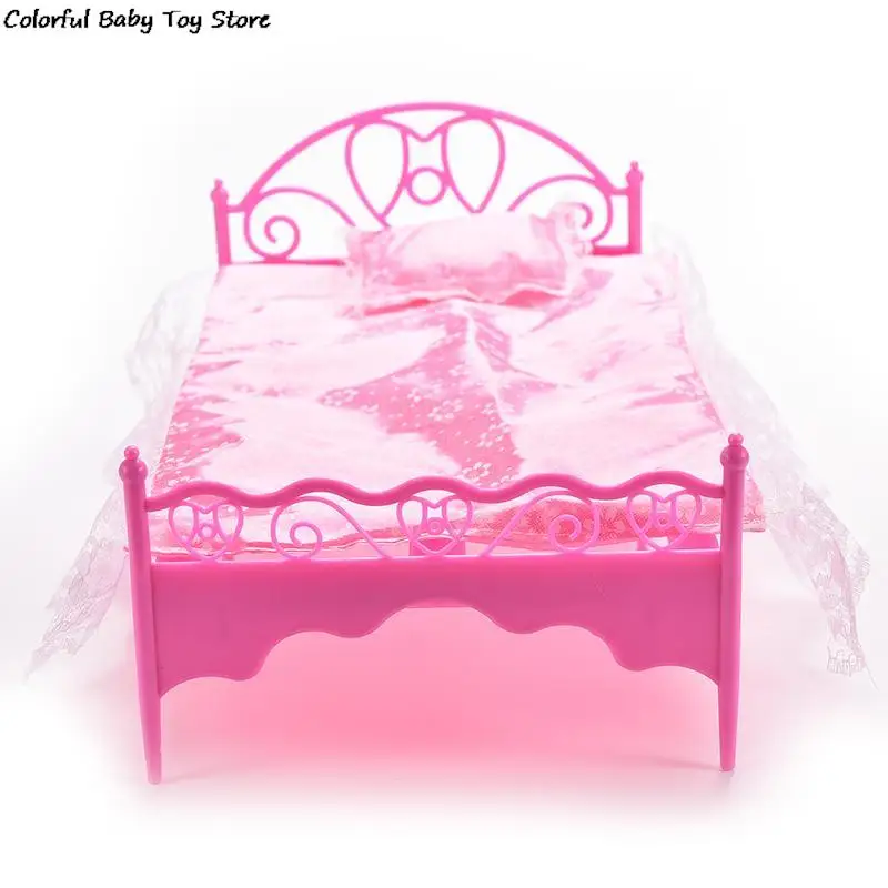 

3PCS/SET Pink Nightgown & Single Bed Dollhouse Furniture & Pillow Bed Sheet For Dolls Children Toys Color Random