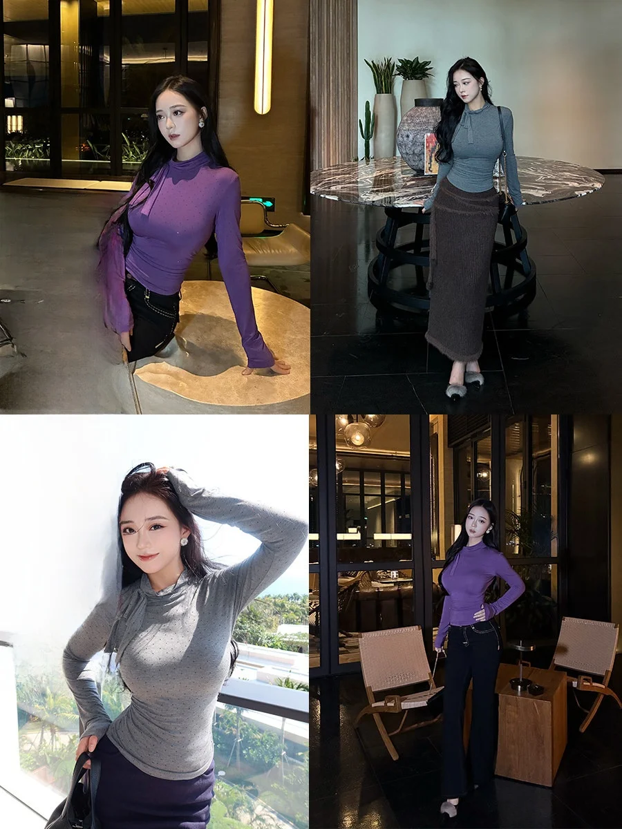 

Романтическая женская футболка Cherry Brand с высоким воротником, узлом и стразами, с длинными рукавами, приталенный крой