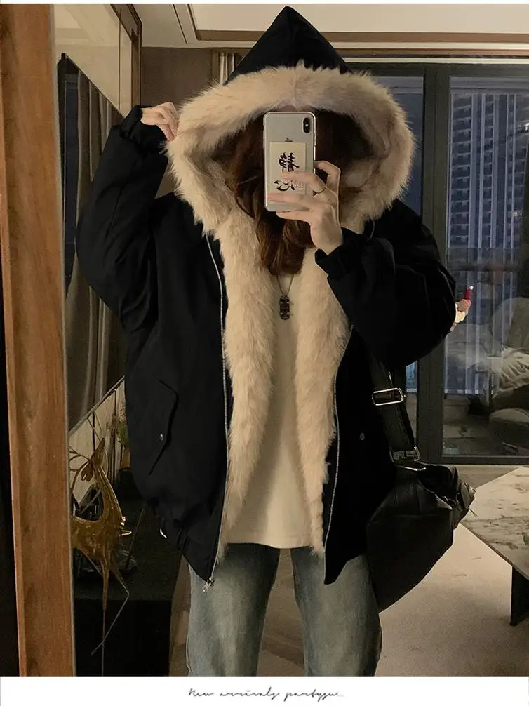 เสื้อแจ็คเก็ตหนังแท้สไตล์อเมริกันย้อนยุคแบบสองด้าน บุขนนกอินทรี สำหรับผู้หญิง ฤดูหนาว  ผ้าฝ้ายขนสัตว์  ปกปิดหน้า  รักษาสิ่งแวดล้อม