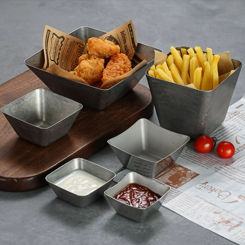Vintage Edelstahl Dip Sauce Schüssel Salat Ketchup Französisch Frites Tasse Home Restaurant Küche Quadratische Snack Tablett Geschirr