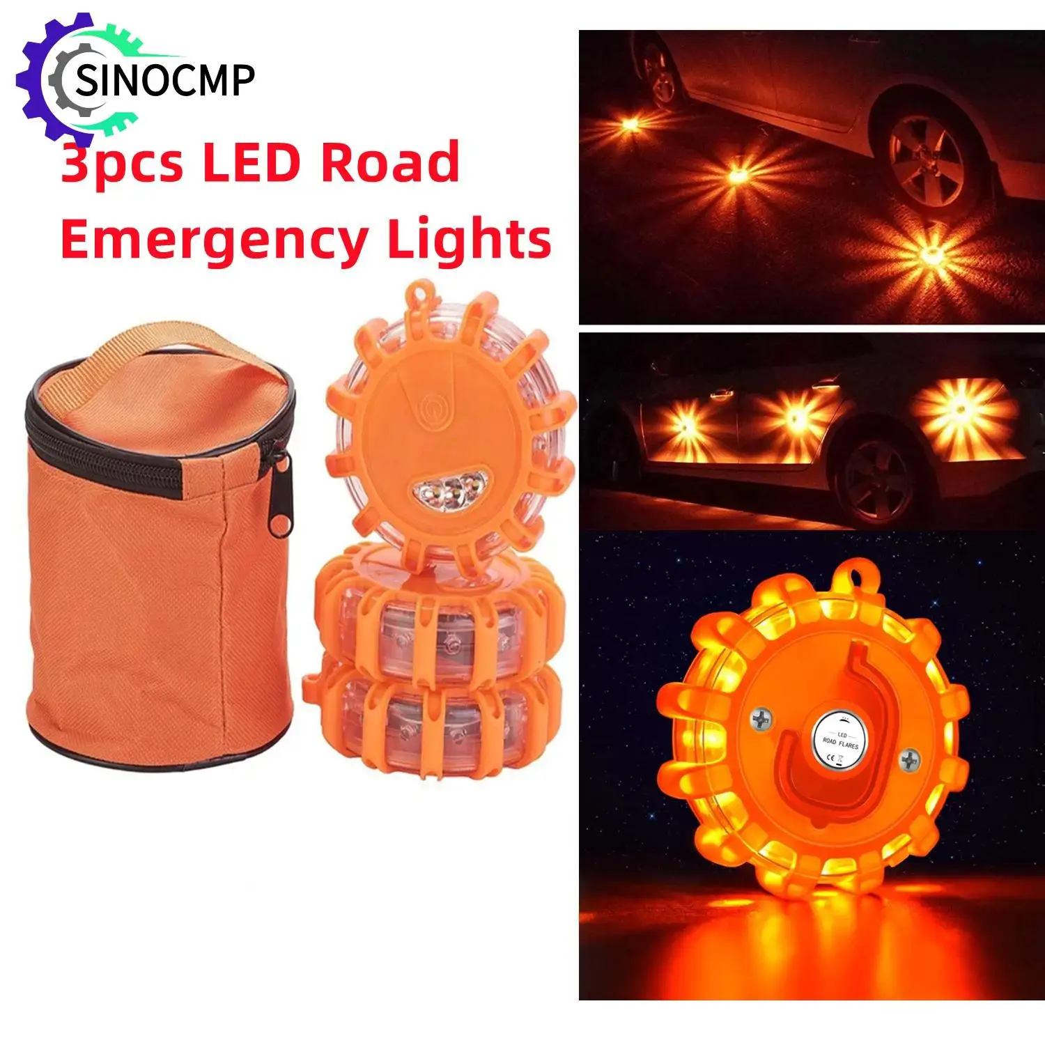 

3pc LED Road Flare Emergency Lights Roadside Safety Beacon Disc Flashing Warning Flare Kit W/Magnetic Base Portable Storage Bags