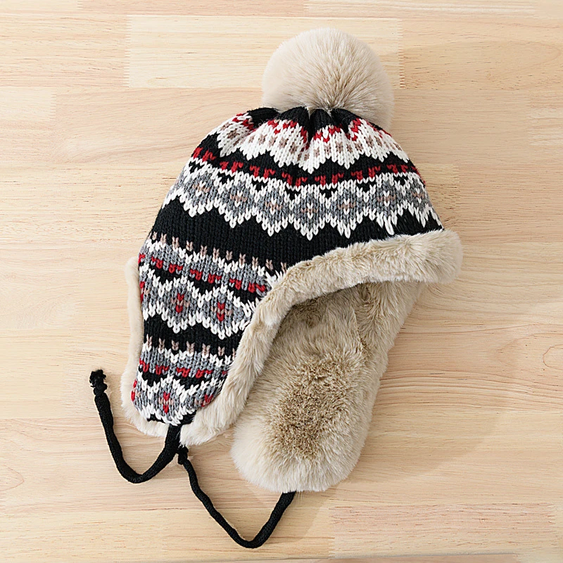 HT4110 Russian Cap Men Women Knitted Trapper Earflap Ski Cap New Male Female Thick Warm Winter Beanie Hat Fur Pompom Russain Hat